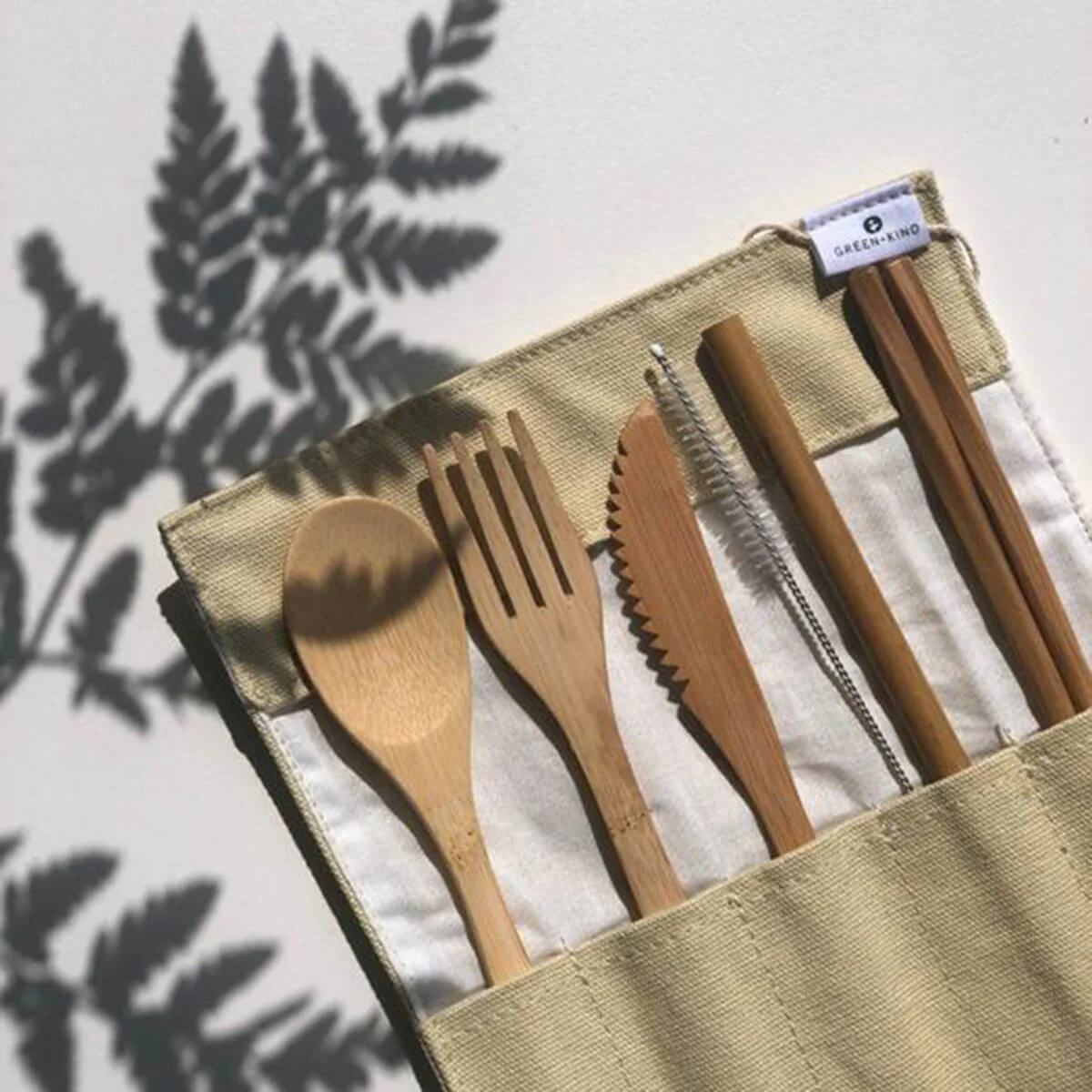Bamboo Cutlery Roll-Up Set - Beige - Image 2