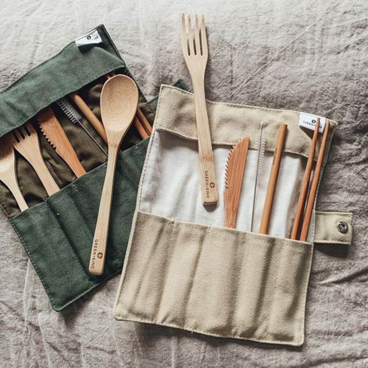 Bamboo Cutlery Roll-Up Set - Beige - Image 3