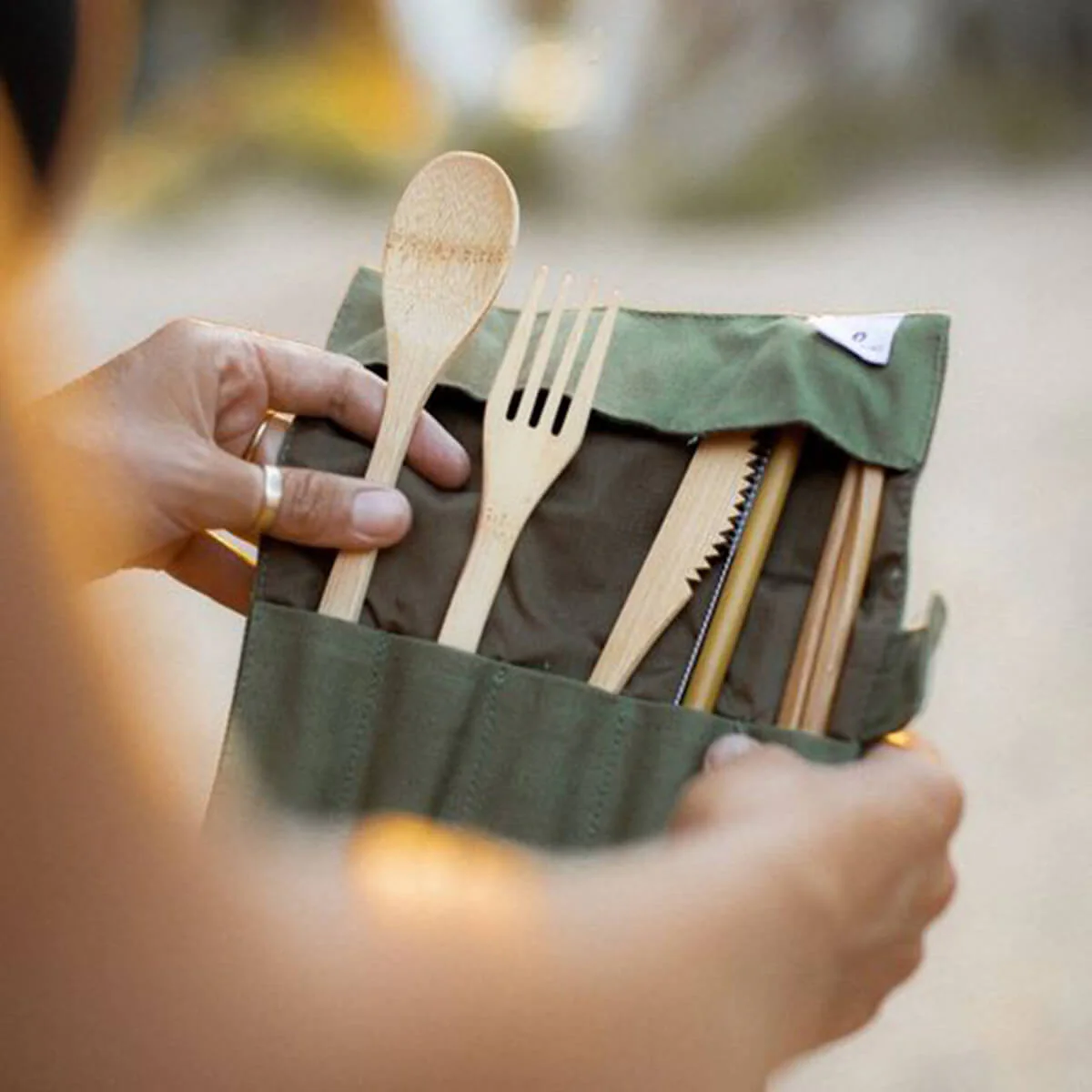 Bamboo Cutlery Roll-Up Set - Olive - Image 2