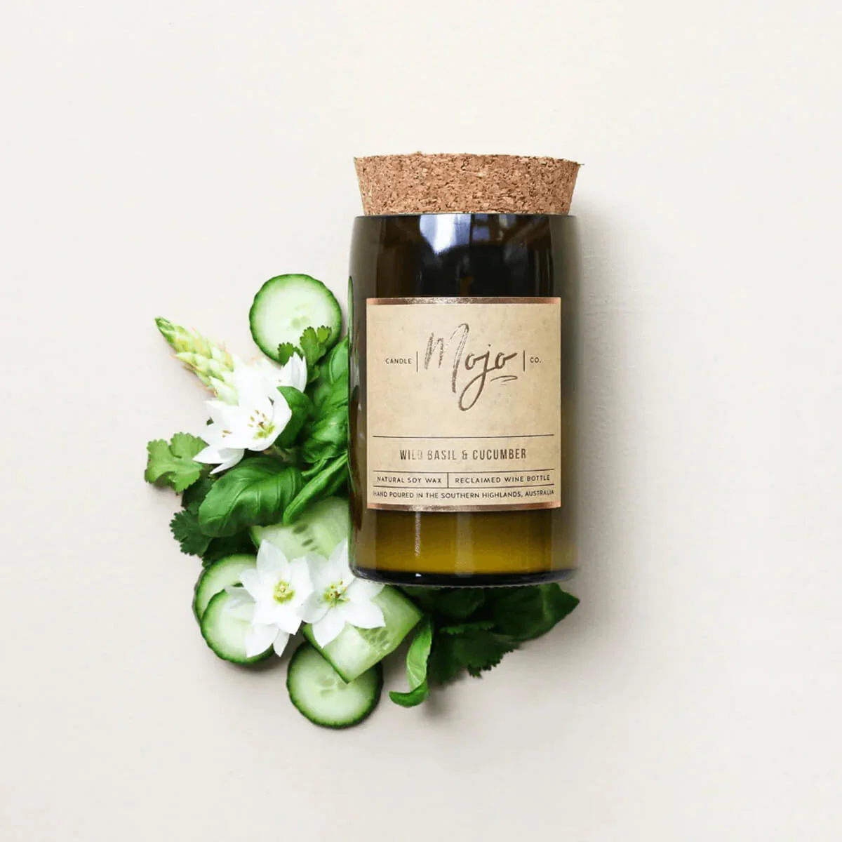 Reclaimed Wine Bottle Soy Wax Candle - Wild Basil & Cucumber - Image 2